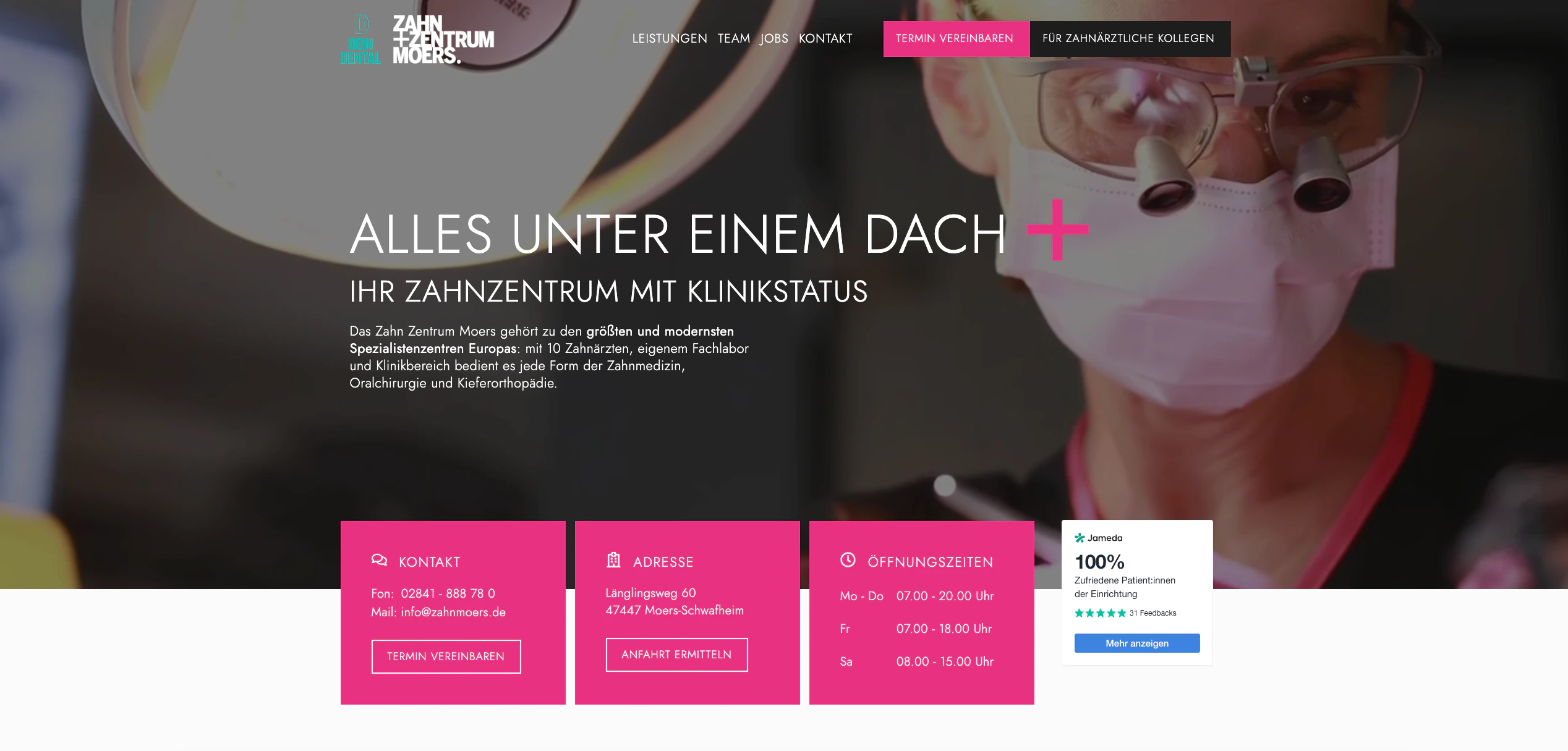 Referenzaufnahme der Startseite des Zahn Zentrums Moers
